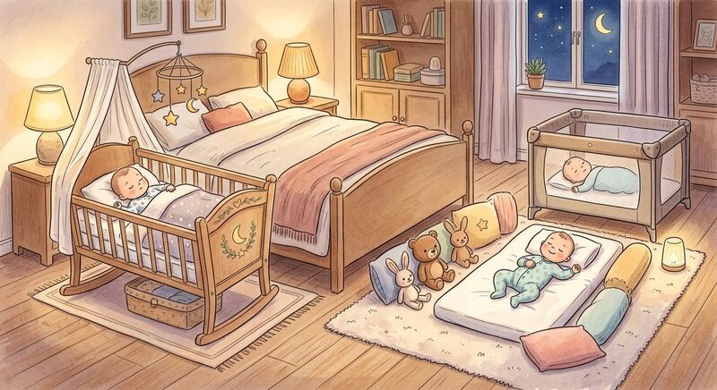 Bezpieczne alternatywy dla wózka: łóżeczko, kołyska oraz materac na podłodze w przytulnej sypialni.